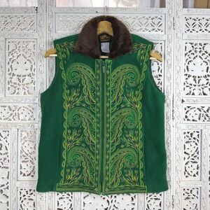Vtg Bob Mackie Wearable Art Green Fleece Artsy Faux Fur Full Zip Vest Sz Small